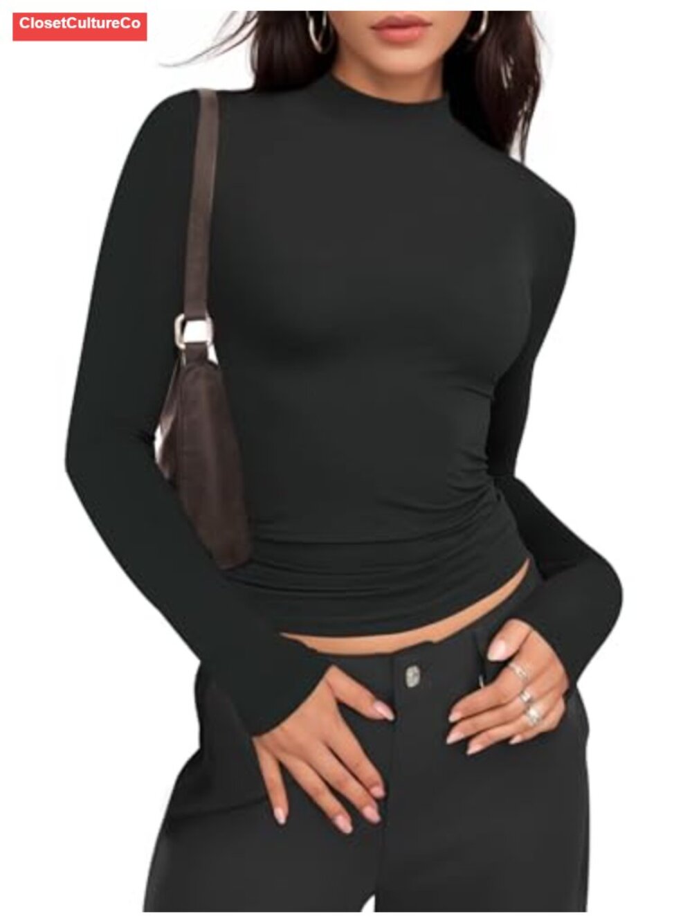 Mock Turtle Neck Long Sleeve Slim Fit Crop Tee Y2K Basic Top